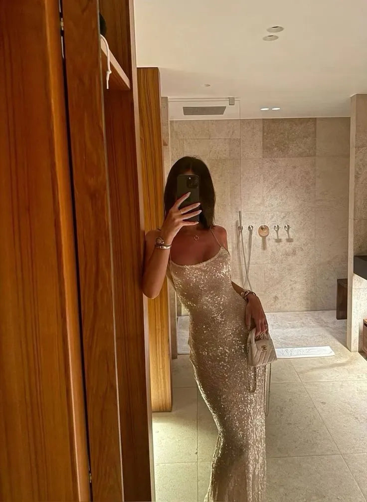 Luolandi Sparkly Spaghetti Straps Sleeveless Long Formal Prom Dress Classy Party Evening Gown