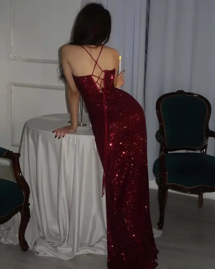 Luolandi Sparkly Spaghetti Straps Sleeveless Sequin Evening Party Dress Sexy Long Formal Prom Dress With Slit