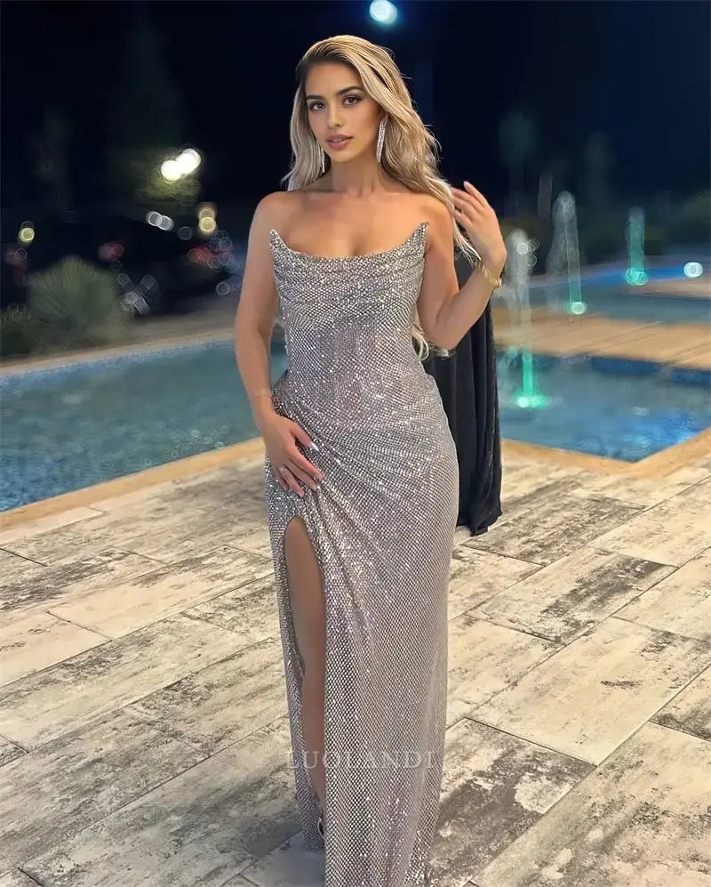 Luolandi Charming Strapless Sleeveless Long Formal Prom Dress With Slit Sexy Evening Gown Fashion Birthday Party Dress
