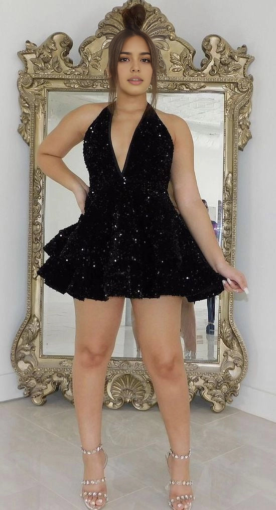 Luolandi Sparkly V-neck A Line Sleeveless Black Sequins Short Homecoming Dress Sexy Birthday Party Dress