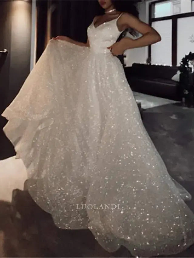 Luolandi Sparkly V-neck Sleeveless Ball Gown Long Wedding Dress Shiny Party Evening Gowns Charming Formal Prom Dress