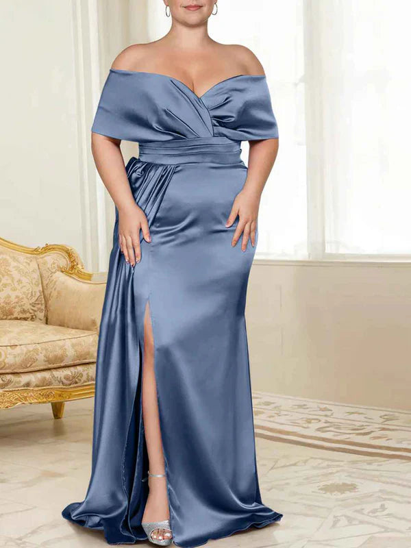 Luolandi Speaker/Fishtail Off Shoulder Mother of the bride dress With Slit Plus Size Pure Color