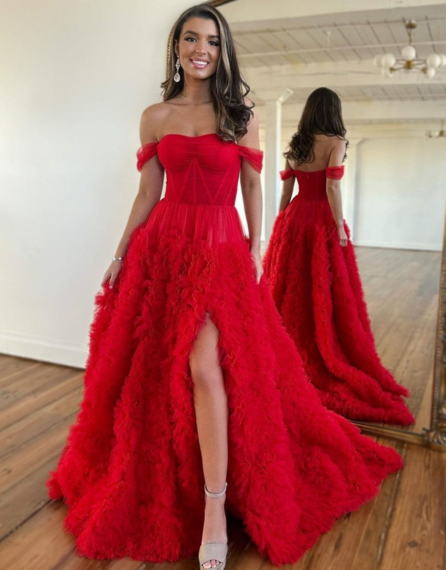 Luolandi A-Line Off The Shoulder Tiered Long Prom Dress With Slit Beautiful
