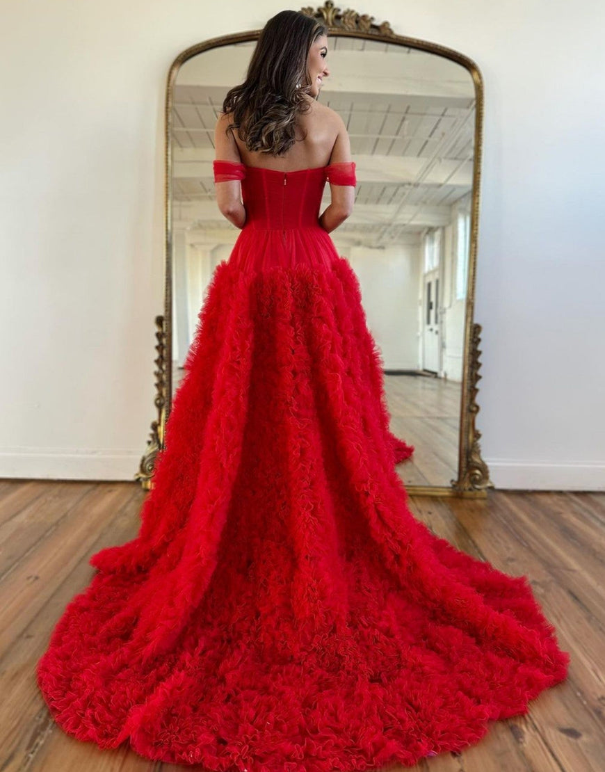 Luolandi A-Line Off The Shoulder Tiered Long Prom Dress With Slit Beautiful