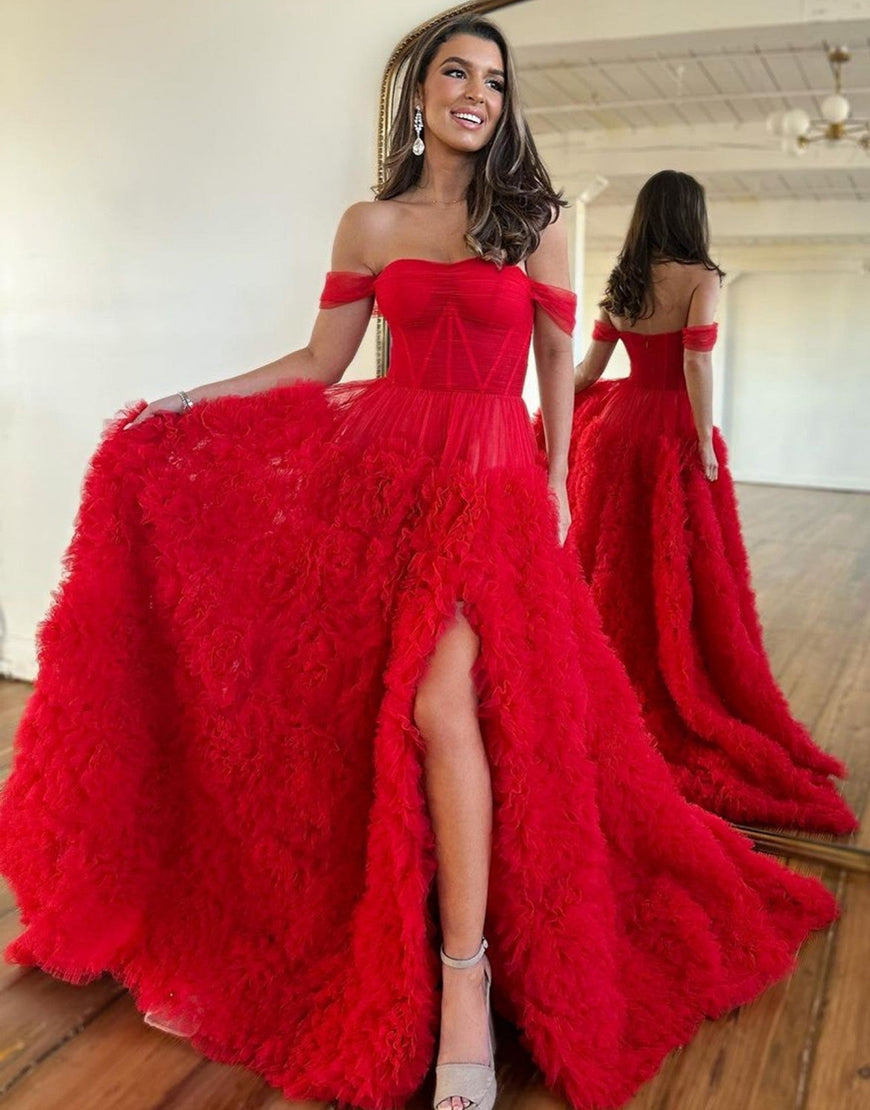 Luolandi A-Line Off The Shoulder Tiered Long Prom Dress With Slit Beautiful