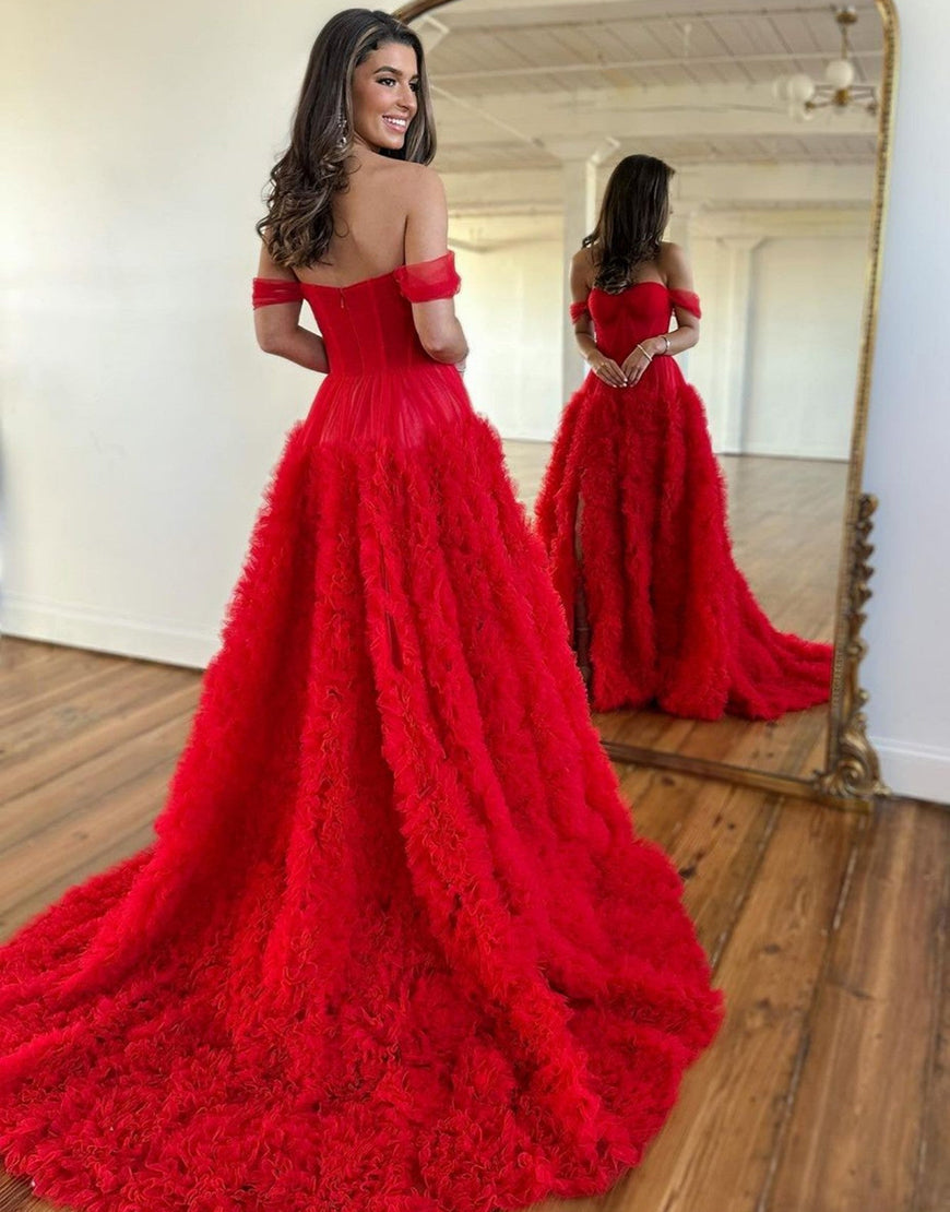 Luolandi A-Line Off The Shoulder Tiered Long Prom Dress With Slit Beautiful