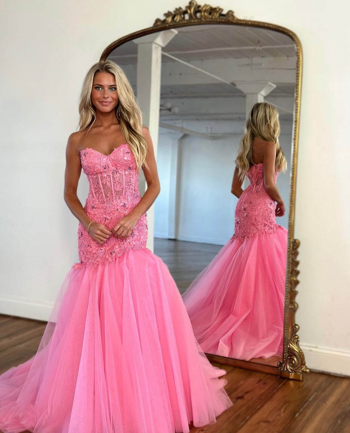 Luolandi Strapless Mermaid/Trumpet Tulle Prom Dresses With Applique And Bodic Off Shoulder