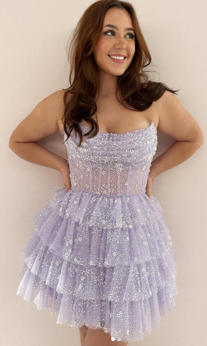 A Line Strapless Short/Mini Tulle Tiered Homecoming Dresses With Ruffles Sparkly