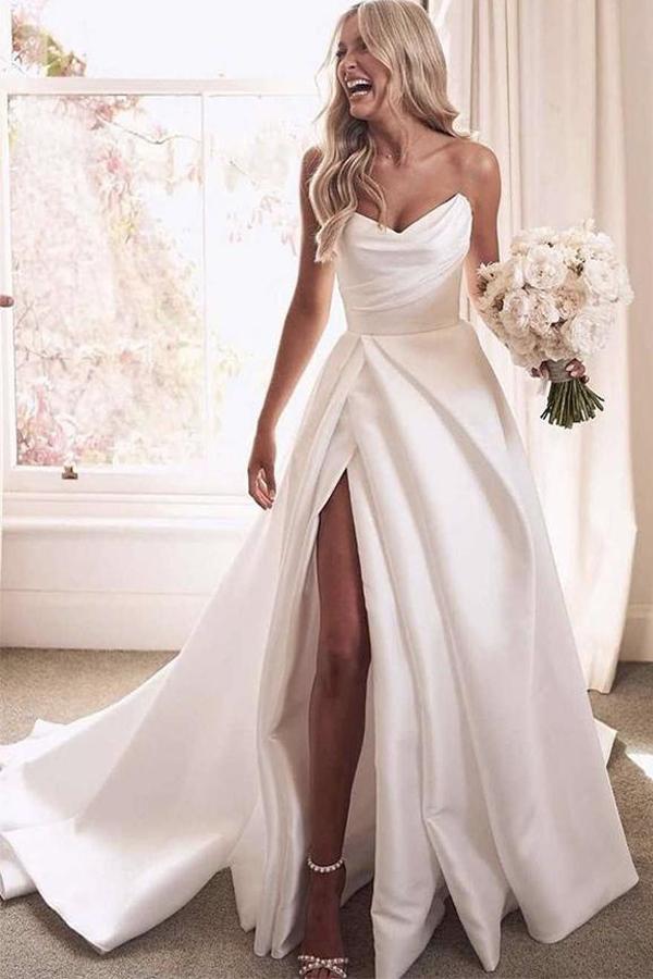 Luolandi A Line Satin Strapless Wedding Dresses With Court Train With Slit Sexy
