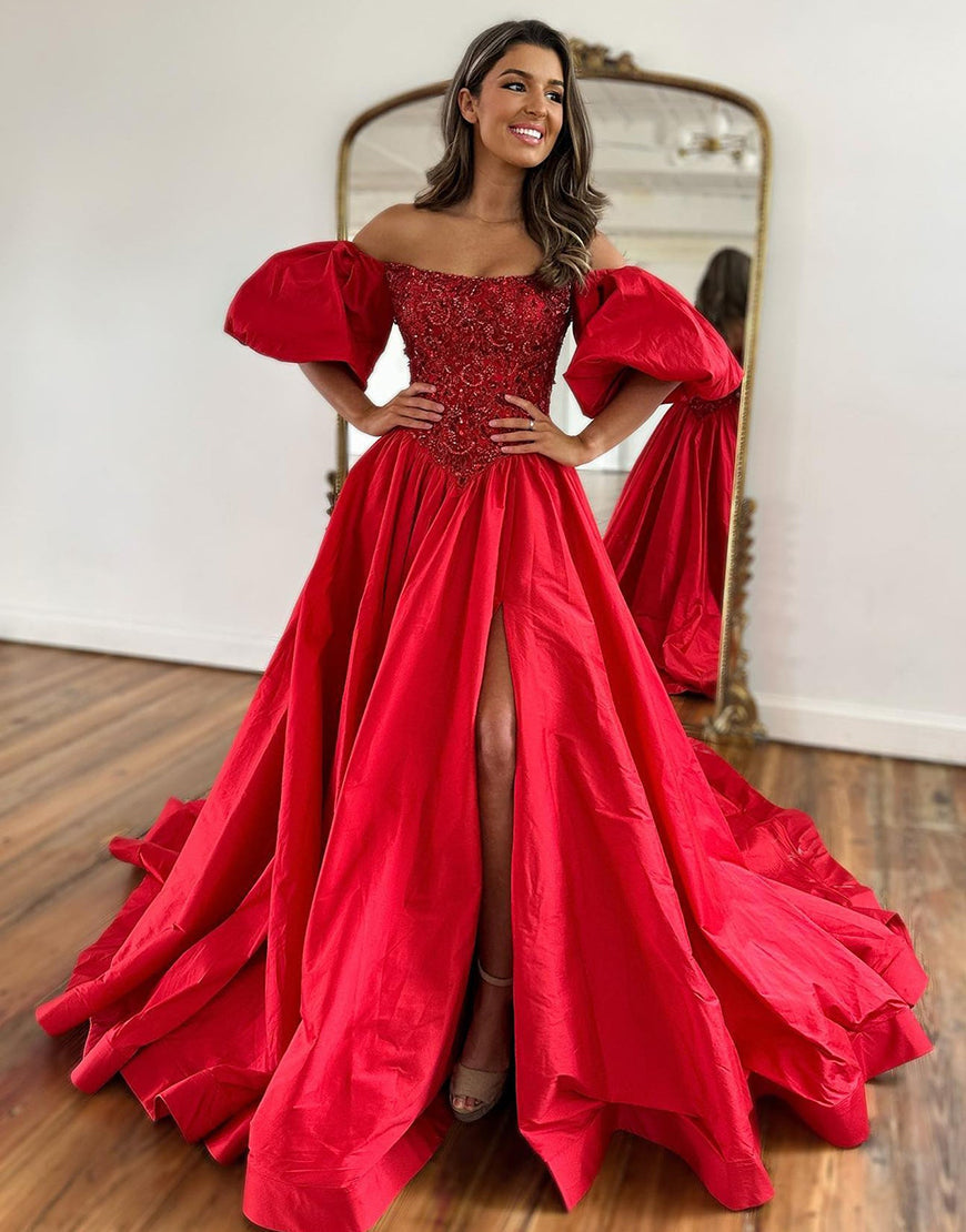 Luolandi Red A-Line Strapless Off The Shoulder Long Prom Dress With Puffy Sexy