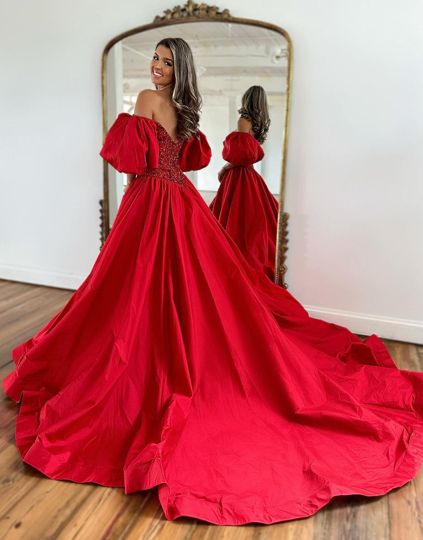 Luolandi Red A-Line Strapless Off The Shoulder Long Prom Dress With Puffy Sexy