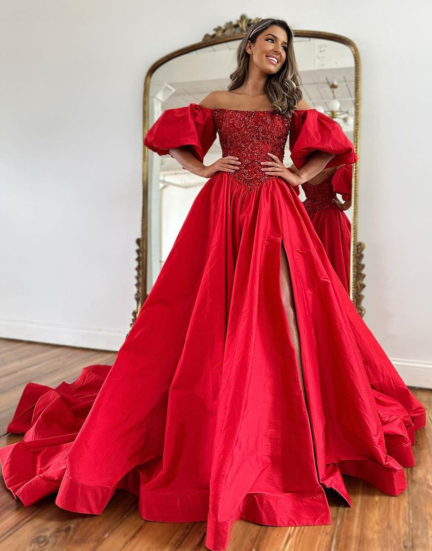Luolandi Red A-Line Strapless Off The Shoulder Long Prom Dress With Puffy Sexy