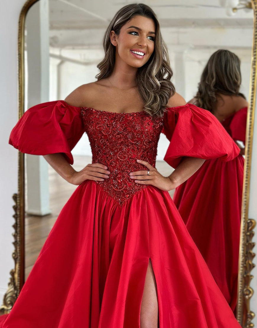 Luolandi Red A-Line Strapless Off The Shoulder Long Prom Dress With Puffy Sexy