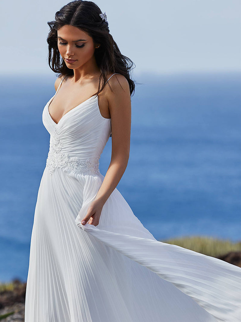 Luolandi Boho Spaghetti Straps V Neck Beach Wedding Dresses with Beading Sexy