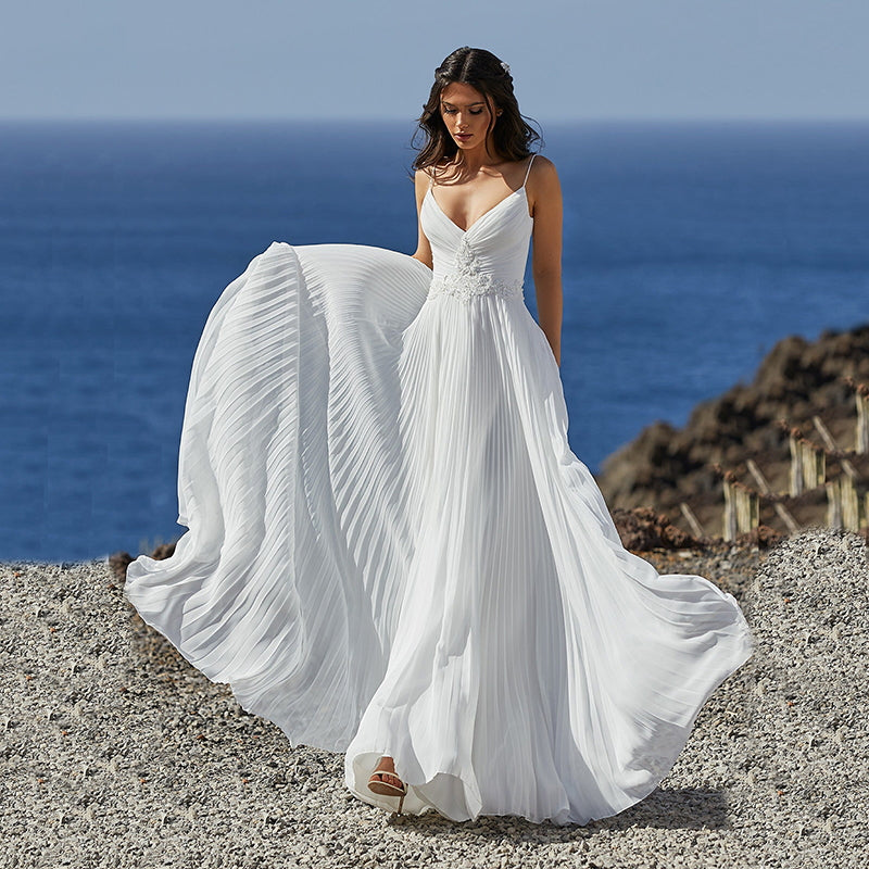 Luolandi Boho Spaghetti Straps V Neck Beach Wedding Dresses with Beading Sexy
