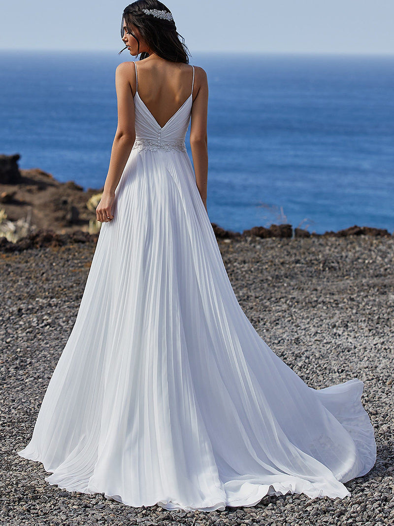 Luolandi Boho Spaghetti Straps V Neck Beach Wedding Dresses with Beading Sexy
