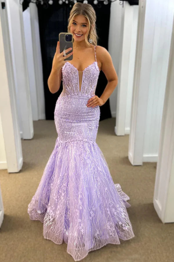 Luolandi Glittler Lilac Mermaid Spaghetti Straps Long Corset Prom Dress V-neck Sexy