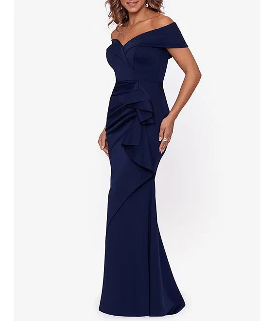 Luolandi Ruffle edge off shoulder short sleeved fishtail evening dress Floor Length