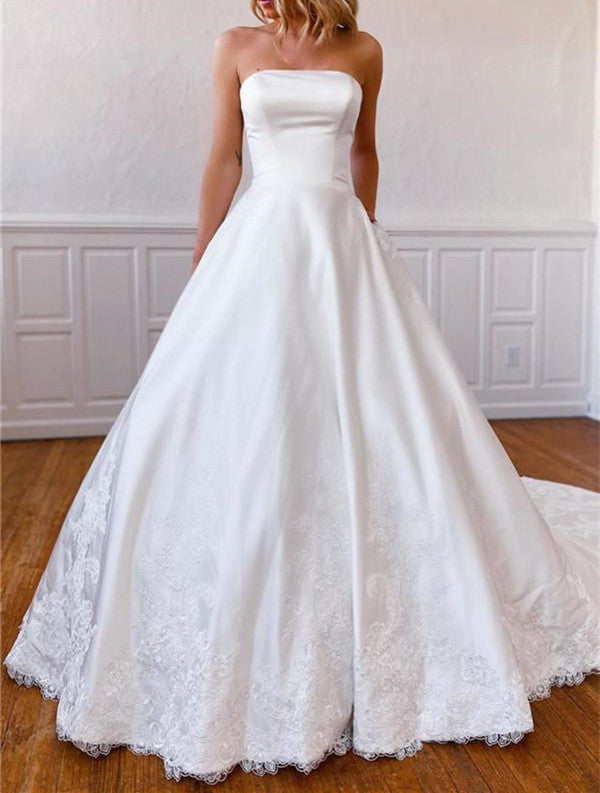 Luolandi Classic A Line Off Shoulder Strapless Satin Sweep Train Lace Appliques Wedding Dresses