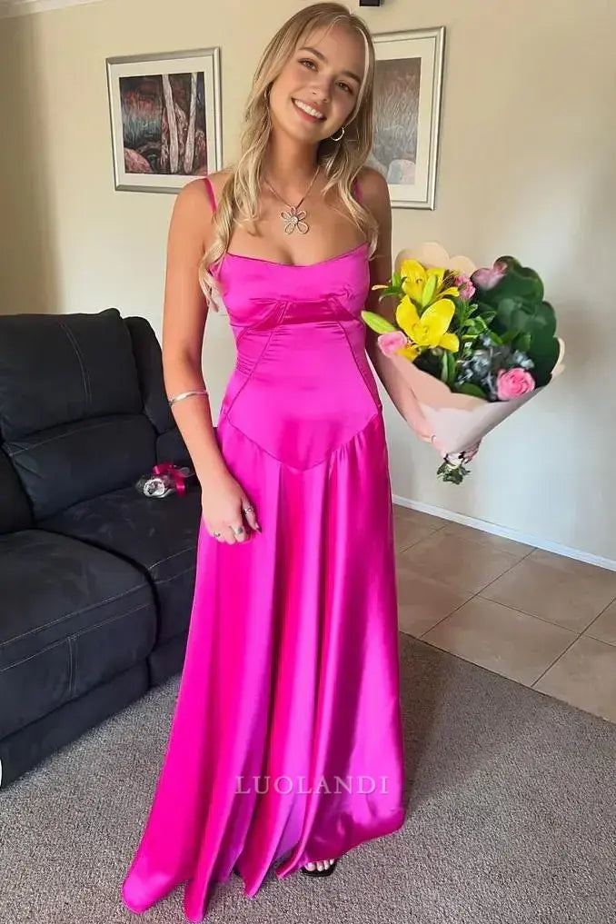 Luolandi Sweet A-Line Spaghetti Straps Sleeveless Satin Long Formal Prom Dresses Elegant Party Evening Gowns Pretty Graduation Dress