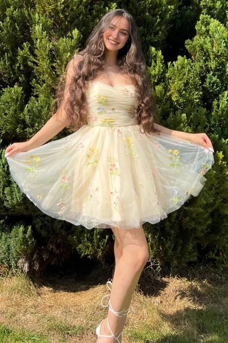 Luolandi Sweet A-Line Straps Sleeveless Tulle Short Homecoming Dress Cute Floral Summer Graduation Party Dress