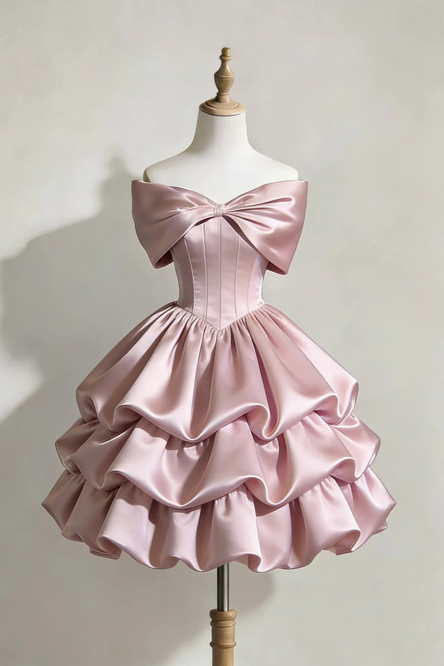 Luolandi Sweet A-line Off Shoulder Satin Tiered Short Prom Dress Cute Bow Birthday Party Dress