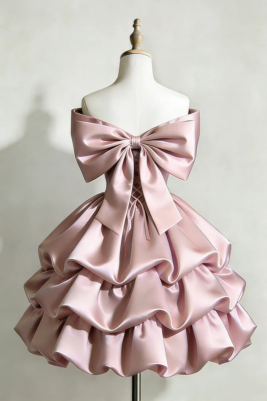 Luolandi Sweet A-line Off Shoulder Satin Tiered Short Prom Dress Cute Bow Birthday Party Dress