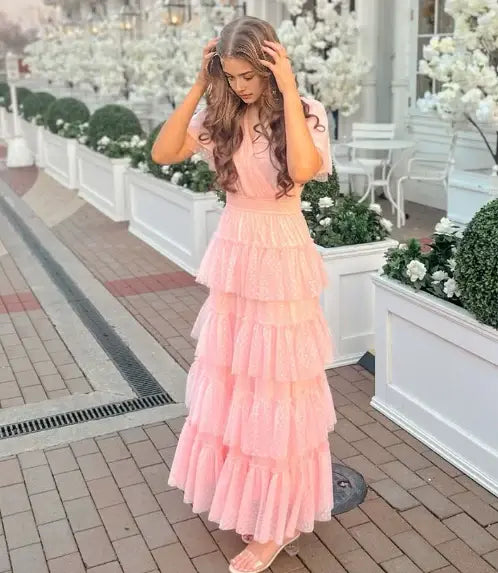 Luolandi Sweet A Line Short Sleeves Party Evening Gown Elegant Long Formal Prom Dress For Girls