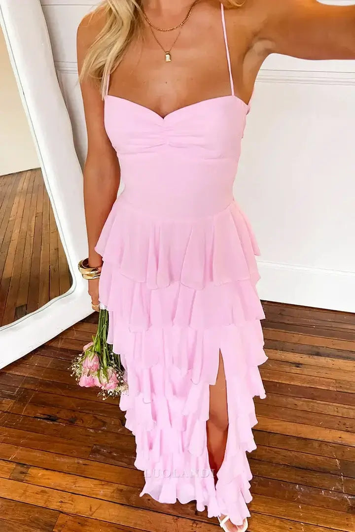 Luolandi Sweet A Line Spaghetti Straps Long Formal Prom Dress With Slit Charming Graduation Dress Elegant Evening Party Gown