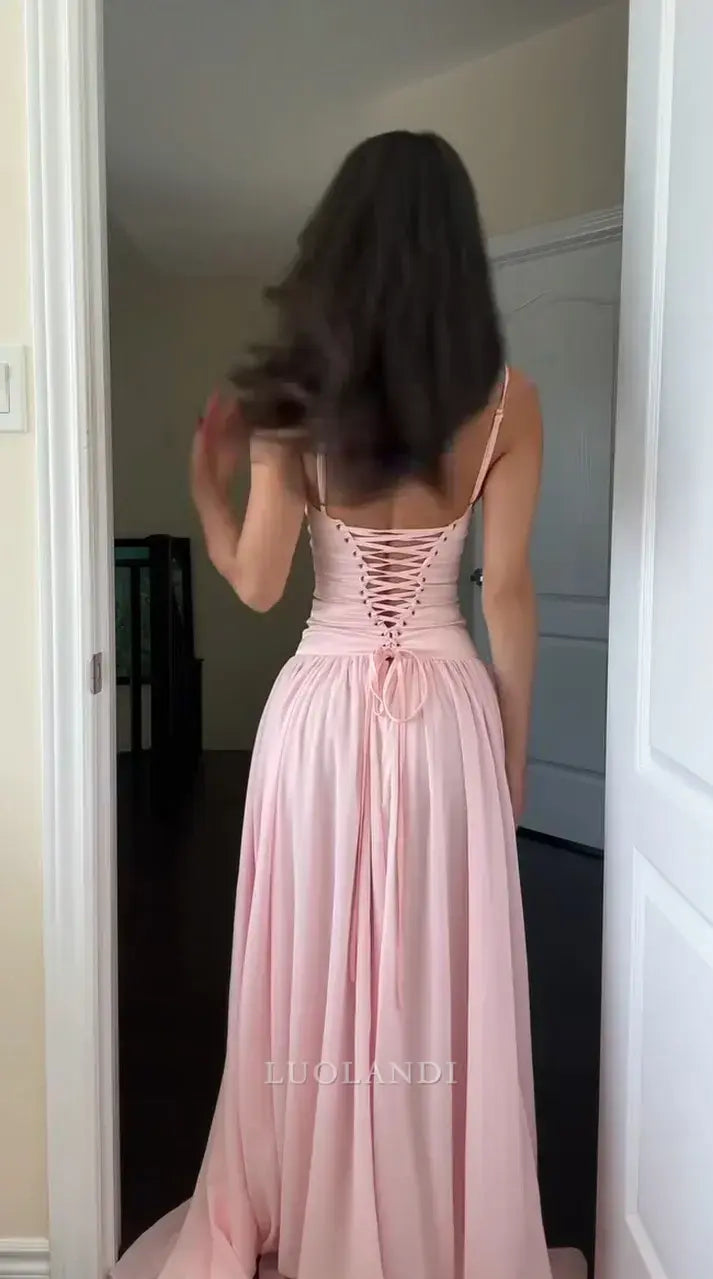 Luolandi Sweet A Line Spaghetti Straps Sleeveless Long Formal Prom Dress Lovely Graduation Wedding Guest Dress Elegant Party Evening Gowns