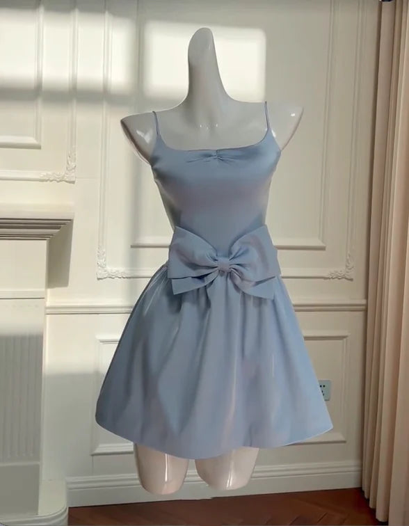 Luolandi Sweet A Line Spaghetti Straps Sleeveless Short Party Prom Dress Lovely Homecoming Dress With Bow