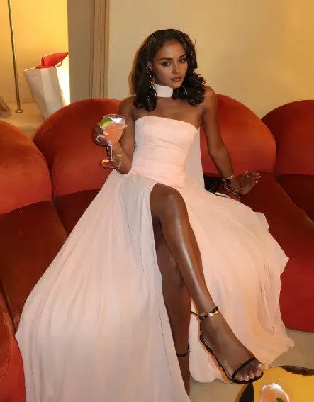 Luolandi Sweet A Line Strapless Party Evening Gown Elegant Long Formal Wedding Guest Dress With Slit