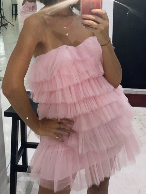 Luolandi Sweet A Line Strapless Sleeveless Tulle Layered Short Homecoming Dresses Cute Birthday Party Dress