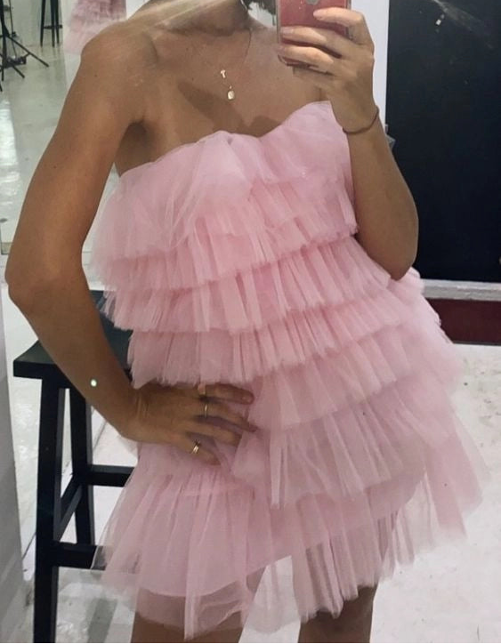 Luolandi Sweet A Line Strapless Sleeveless Tulle Layered Short Homecoming Dresses Cute Birthday Party Dress