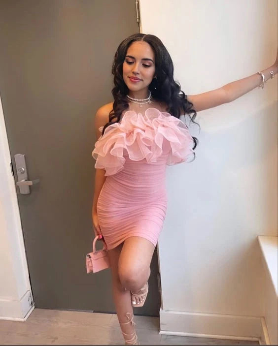 Luolandi Sweet Charming Sheath Strapless Sleeveless Ruffled Ruched Short Homecoming Dress