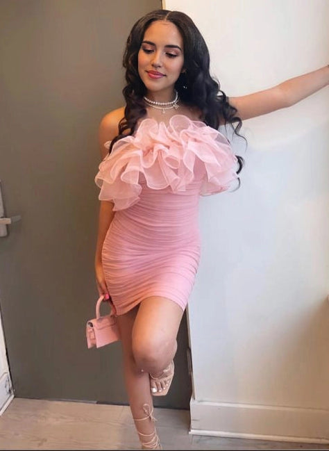 Luolandi Sweet Charming Sheath Strapless Sleeveless Ruffled Ruched Short Homecoming Dress