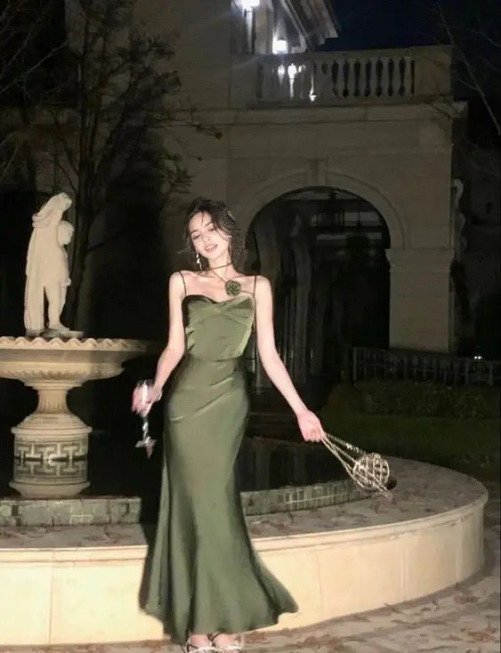 Luolandi Sweet Mermaid Spaghetti Straps Green Satin Party Evening Dress Lovely Formal Prom Dress Elegant Graduation Dress