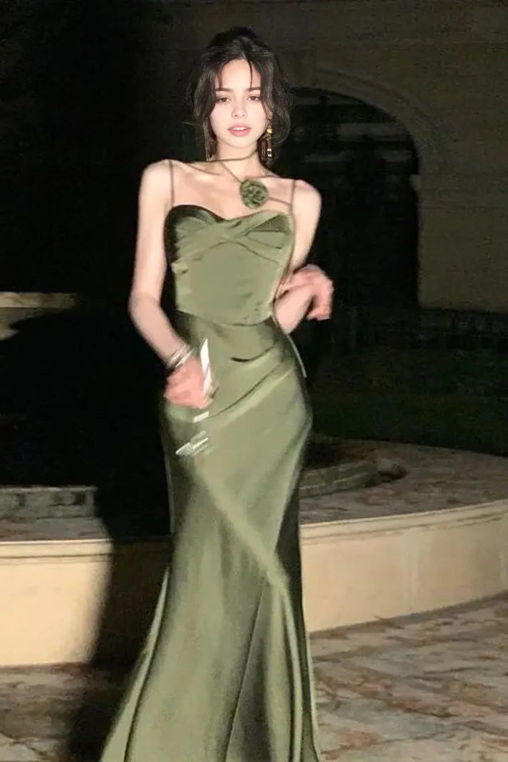 Luolandi Sweet Mermaid Spaghetti Straps Green Satin Party Evening Dress Lovely Formal Prom Dress Elegant Graduation Dress
