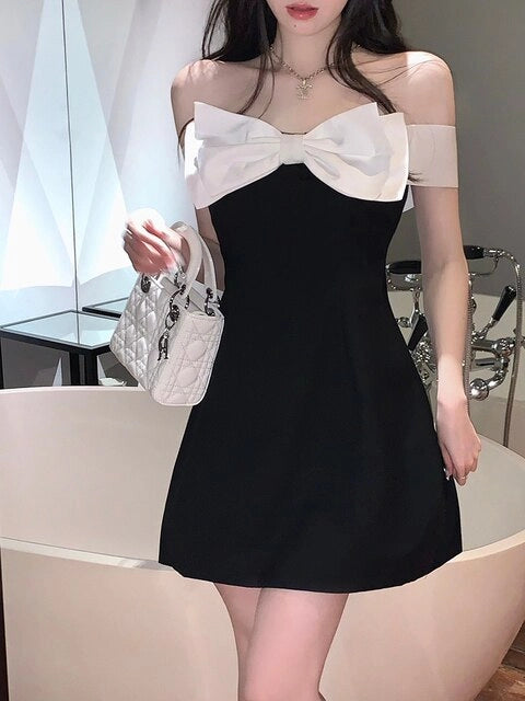 Luolandi Sweet Off the Shoulder Black Short Homecoming Dress Cute Mini Graduation Party Dress With Bow