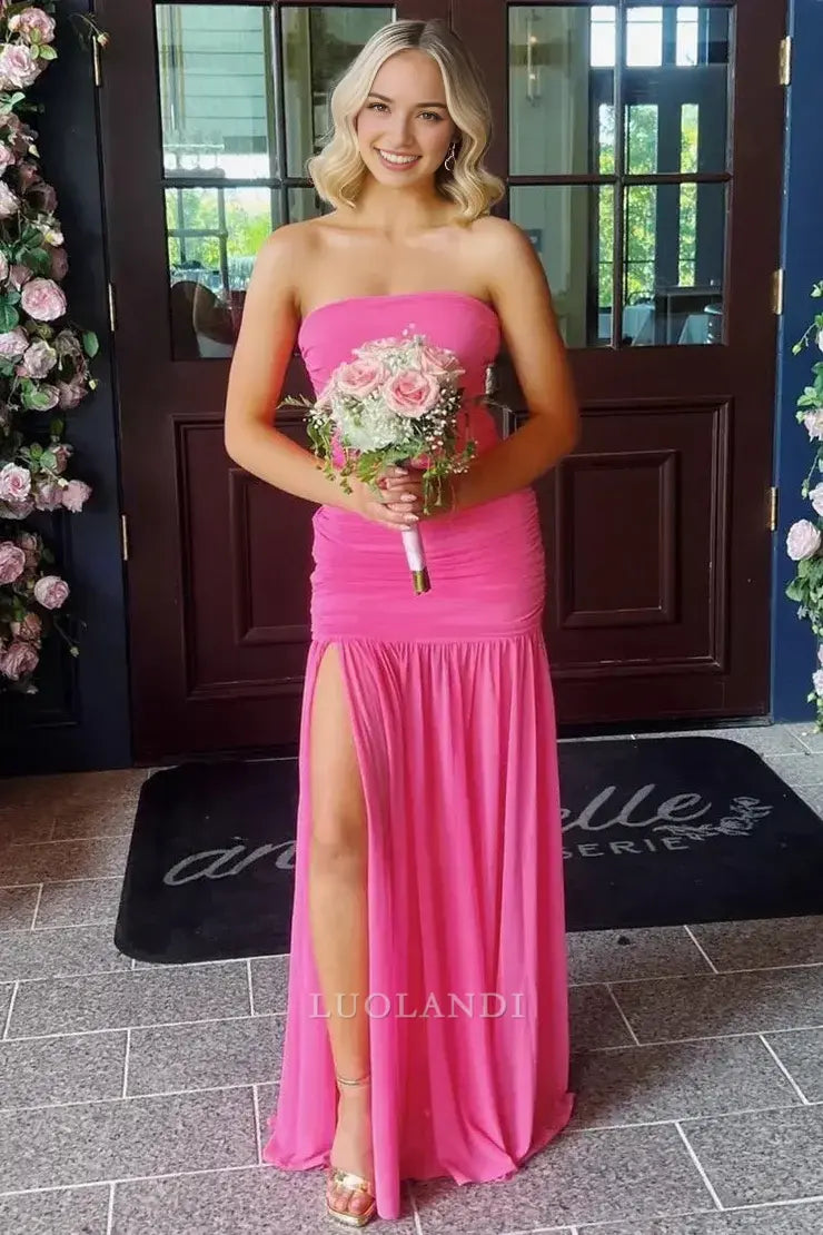 Luolandi Sweet Sheath Strapless Party Evening Gowns With Slit Elegant Long Prom Dresses Charming Graduation Dress