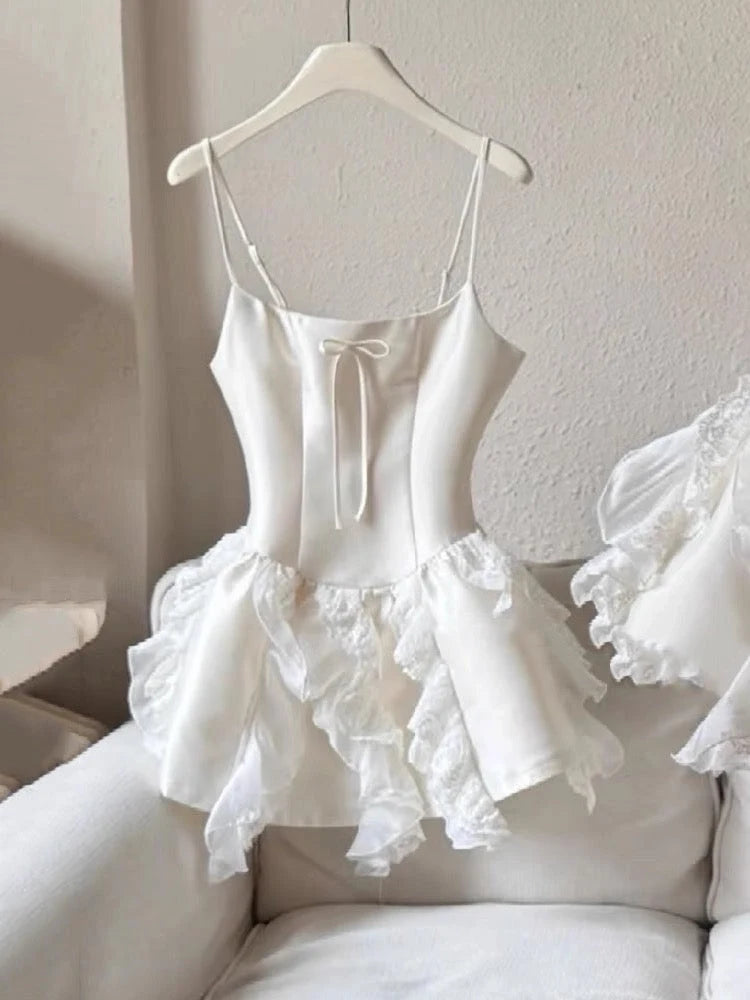Luolandi Sweet Spaghetti Straps A-Line Sleeveless Satin Ruffled Short Party Homecoming Dress
