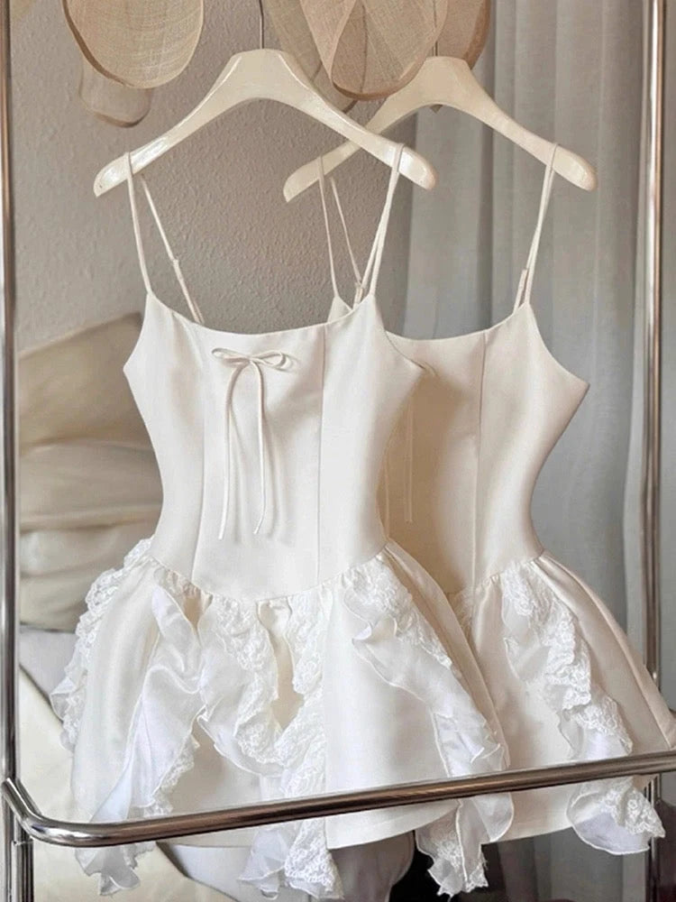 Luolandi Sweet Spaghetti Straps A-Line Sleeveless Satin Ruffled Short Party Homecoming Dress