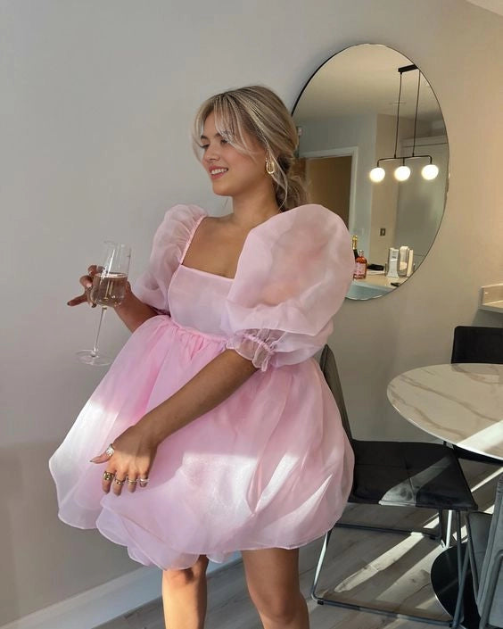 Luolandi Sweet Square Neck A-Line Short Sleeves Homecoming Dress Summer Cute Birthday Party Dress