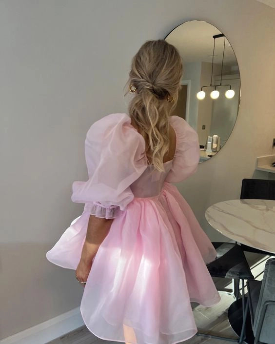 Luolandi Sweet Square Neck A-Line Short Sleeves Homecoming Dress Summer Cute Birthday Party Dress