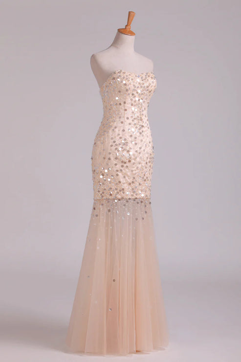 Luolandi Sweetheart Floor Length Party Dresses Mermaid Tulle With Beading Sparkly