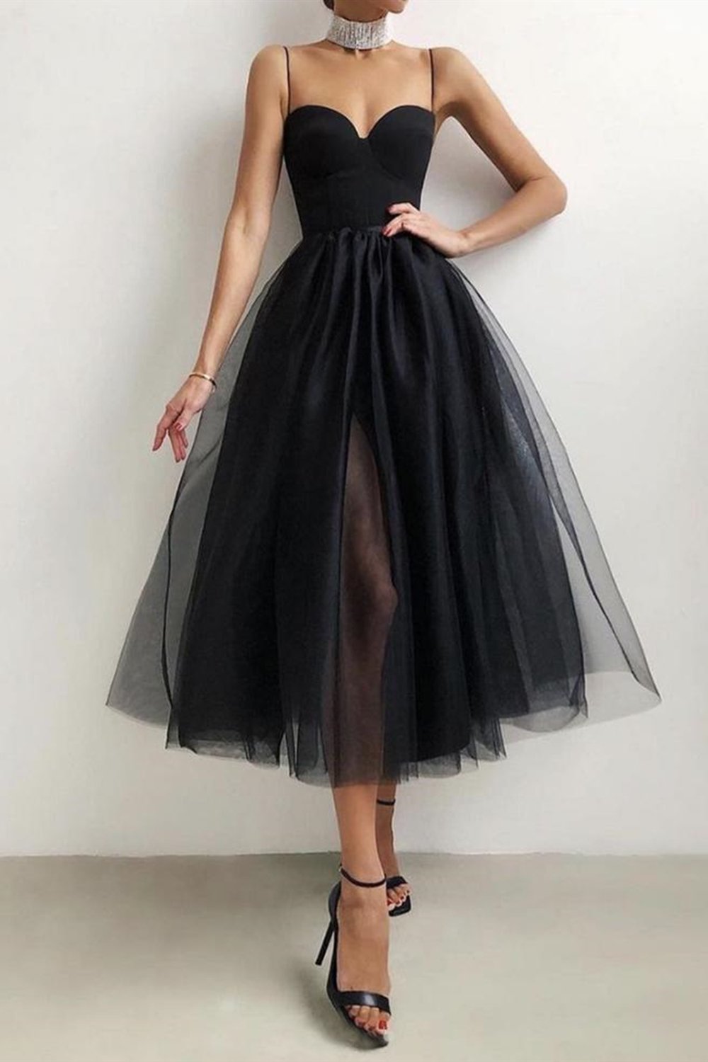 Tea Length Prom Dress Black/White Formal Evening Homecoming Dress with Slit Sexy