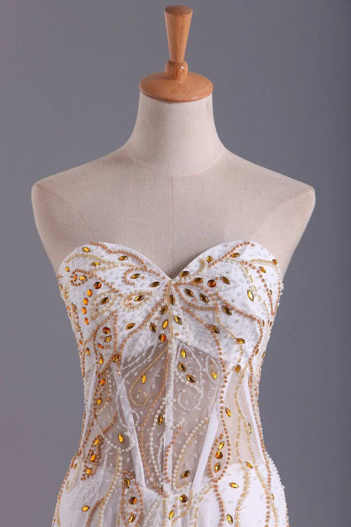 Luolandi Elegant A Line Strapless Chiffon Long Prom Dresses With Beading Floor Length Evening Dress