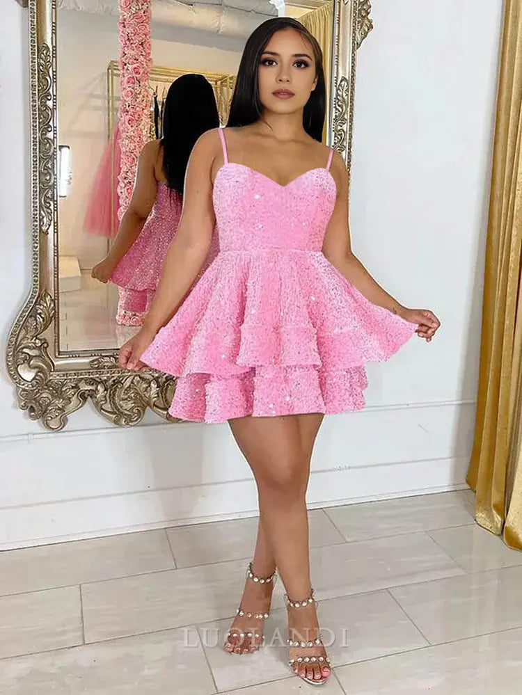 Luolandi Sweetheart A Line Spaghetti Straps Sleeveless Sequin Homecoming Dress Short Prom Dress Charming Birthday Party Dress