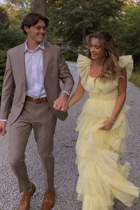 Luolandi Sweetheart A-Line Square Yellow Tiered Long Prom Dress Princess Tulle Lovely Formal Evening Dress Charming Party Dress