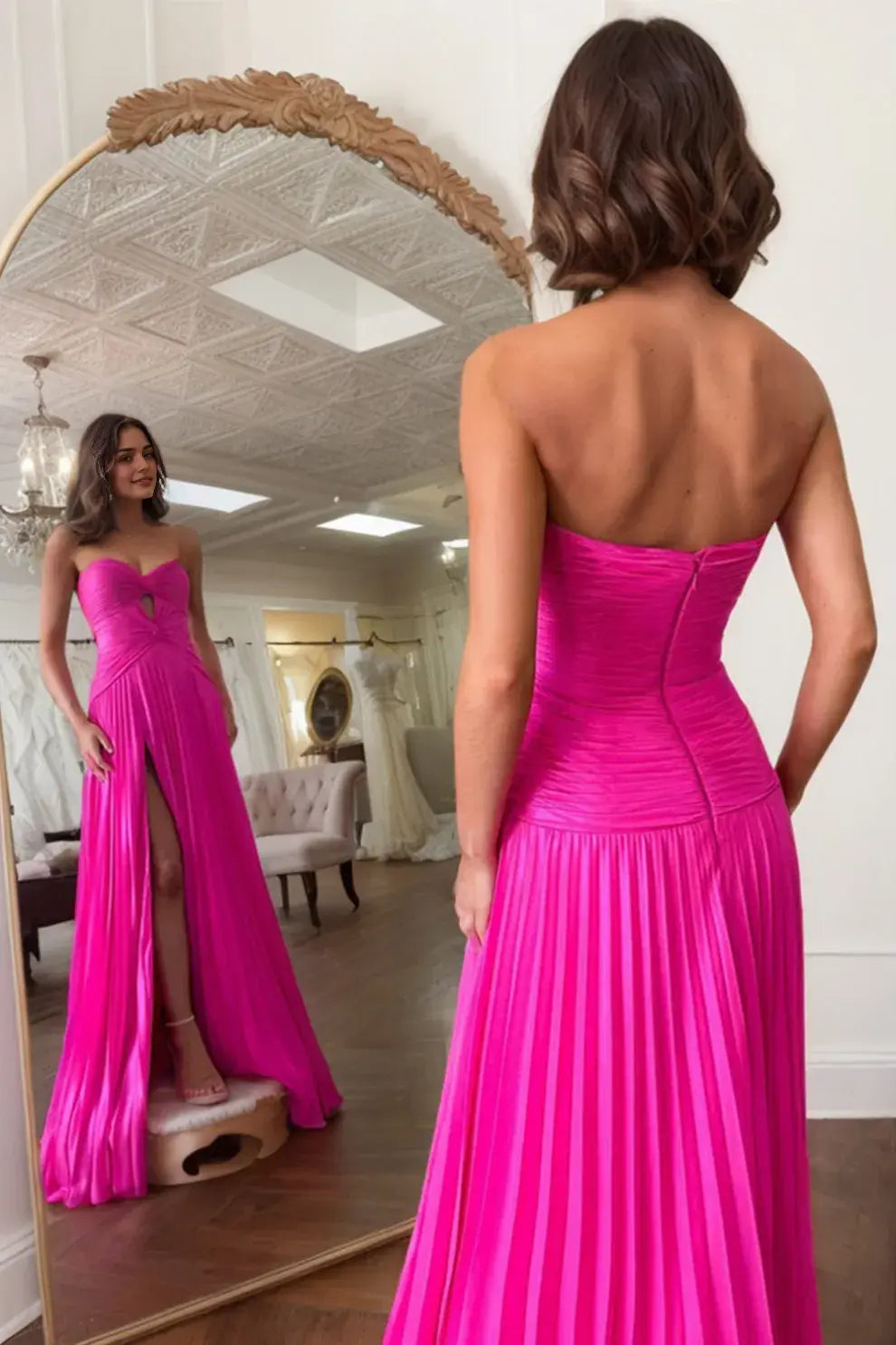 Luolandi Sweetheart A-Line Strapless Keyhole Pleated Long Formal Prom Dresses With Slit Sleeveless Charming Graduation Dress Elegant Party Evening Gowns